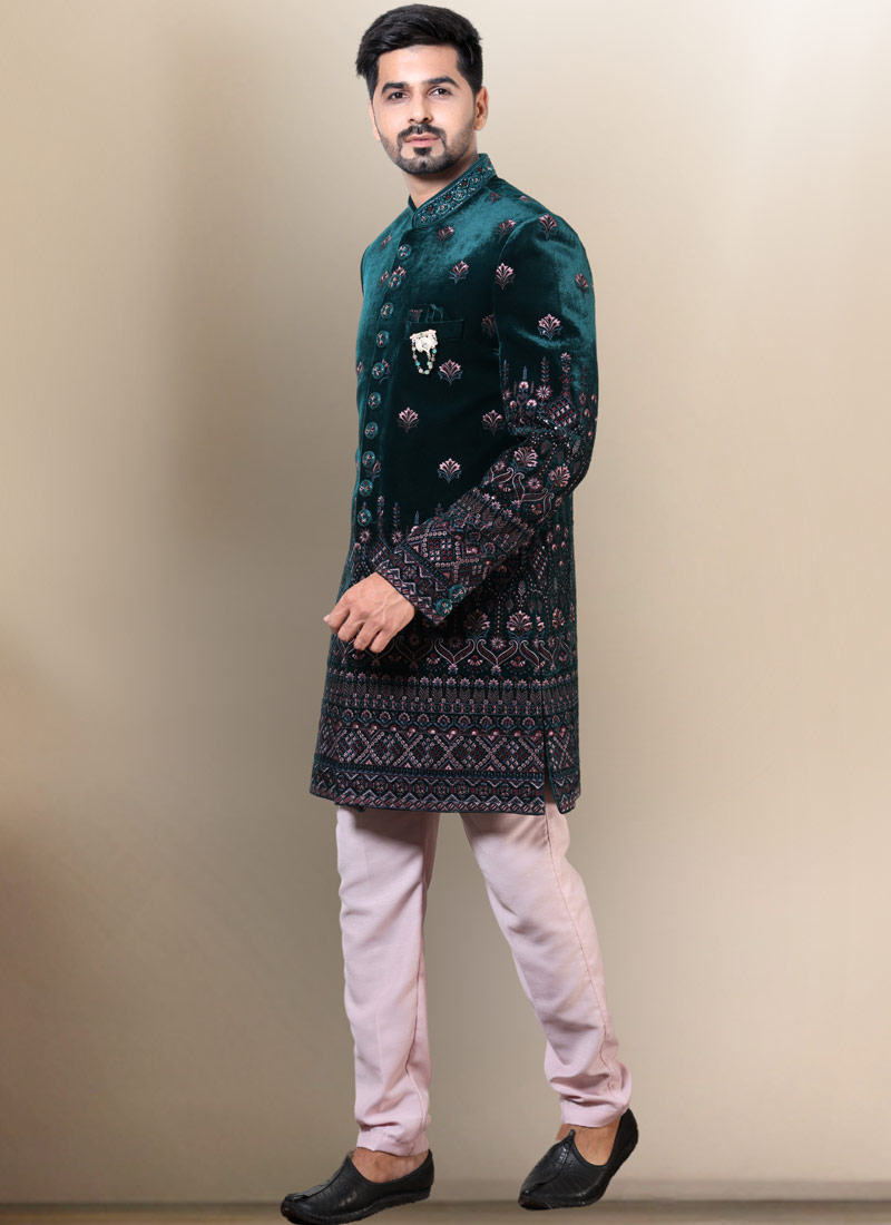Bottle Green Velvet Embroidered Mens Wedding Indo Western Bottle Green Velvet Embroidered Mens Wedding Indo Western