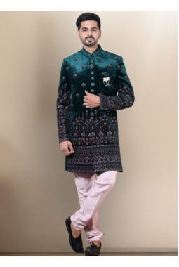 Bottle Green Velvet Embroidered Mens Wedding Indo Western