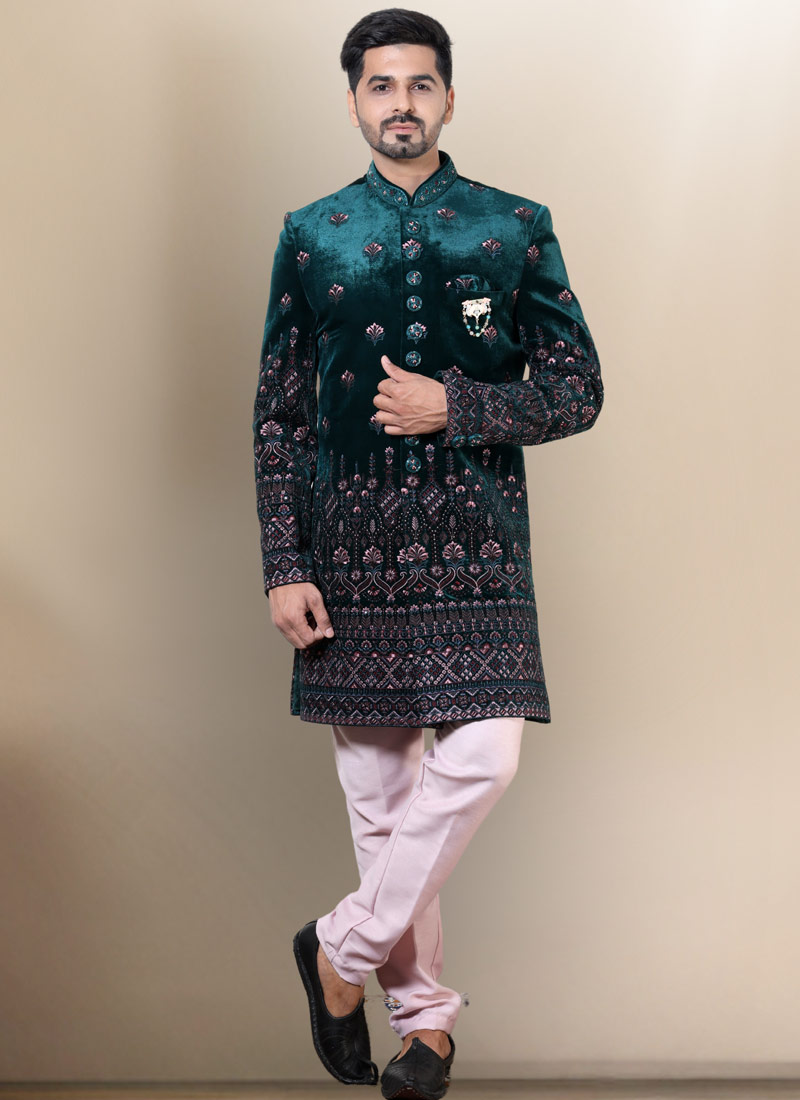 Bottle Green Velvet Embroidered Mens Wedding Indo Western Bottle Green Velvet Embroidered Mens Wedding Indo Western