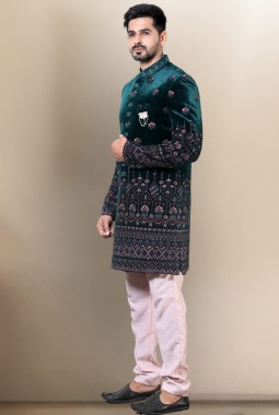 Bottle Green Velvet Embroidered Mens Wedding Indo Western