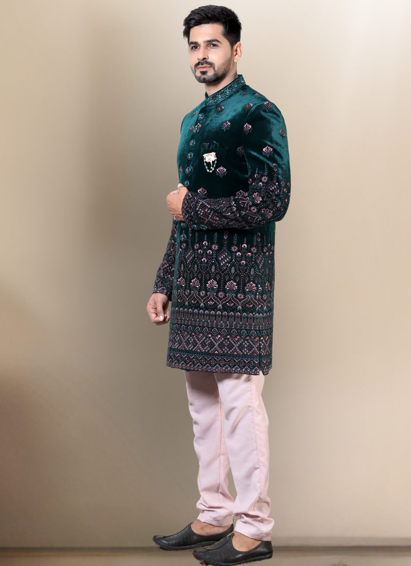 Bottle Green Velvet Embroidered Mens Wedding Indo Western Bottle Green Velvet Embroidered Mens Wedding Indo Western