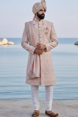 Peach Silk Sequins Embroidered Mens Groom Sherwani