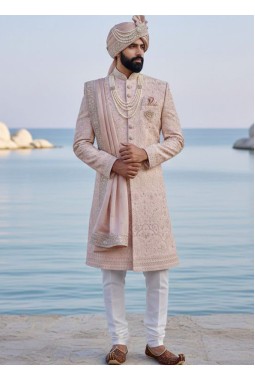 Peach Silk Sequins Embroidered Mens Groom Sherwani