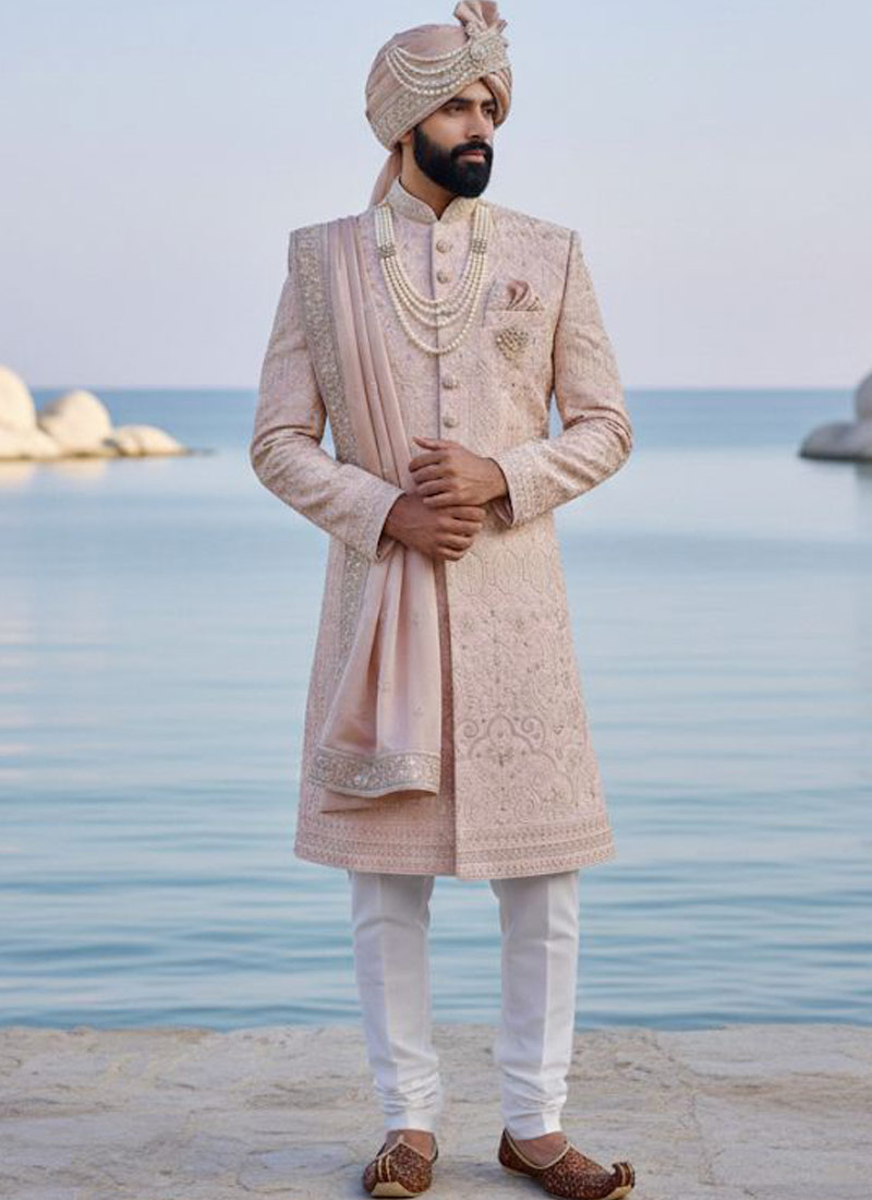 Peach Silk Sequins Embroidered Mens Groom Sherwani