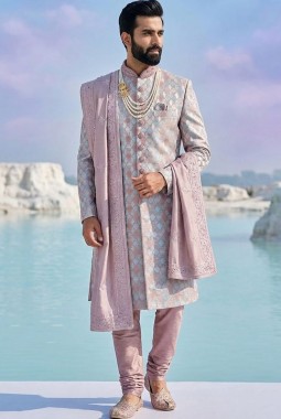 Pink Jacquard Silk Embroidered Groom Nawabi Sherwani