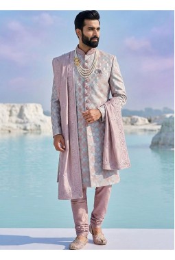 Pink Jacquard Silk Embroidered Groom Nawabi Sherwani
