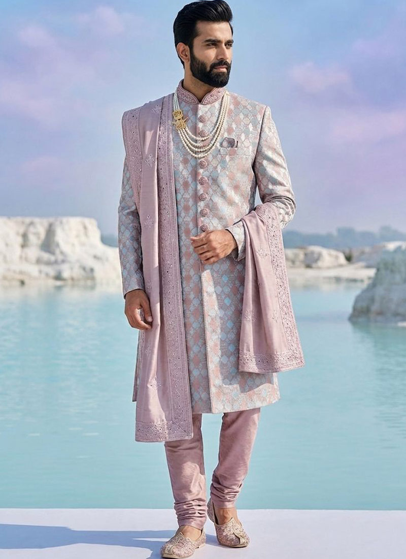 Pink Jacquard Silk Embroidered Groom Nawabi Sherwani