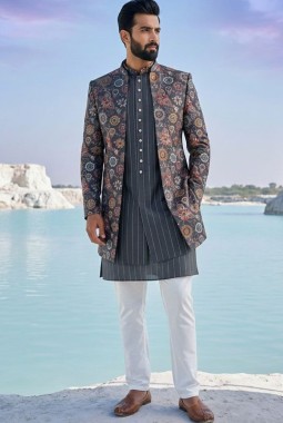 Charcoal Grey Silk Sequins Embroidered Mens Short Indo Western