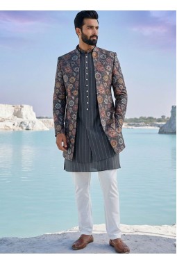 Charcoal Grey Silk Sequins Embroidered Mens Short Indo Western