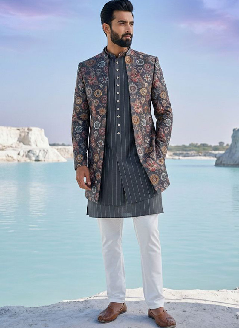 Charcoal Grey Silk Sequins Embroidered Mens Short Indo Western