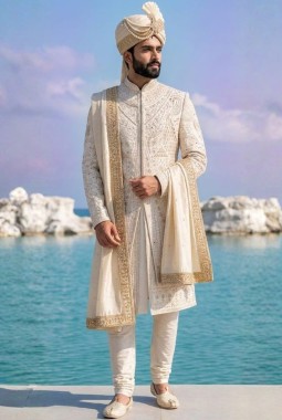 Cream Silk Figure Embroidered Mens Indo Western