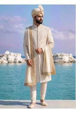 Cream Silk Figure Embroidered Mens Indo Western