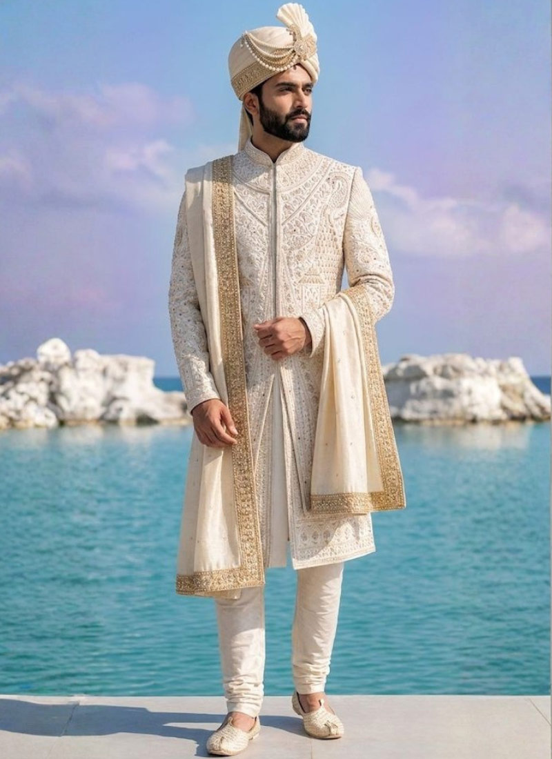 Cream Silk Figure Embroidered Mens Indo Western