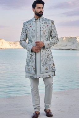 Pista Silk Sequins Embroidered Mens Short Indo Western