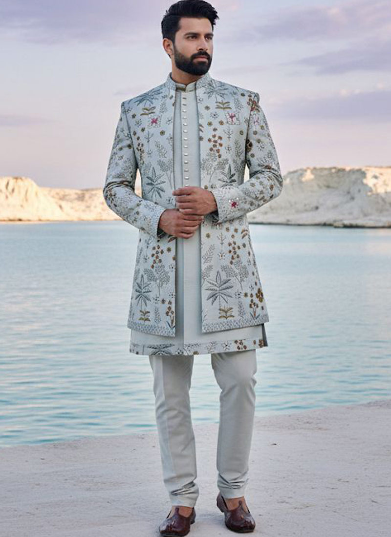 Pista Silk Sequins Embroidered Mens Short Indo Western