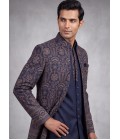 Blue Silk Embroidered Mens Wedding Indo Western