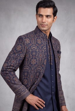 Blue Silk Embroidered Mens Wedding Indo Western