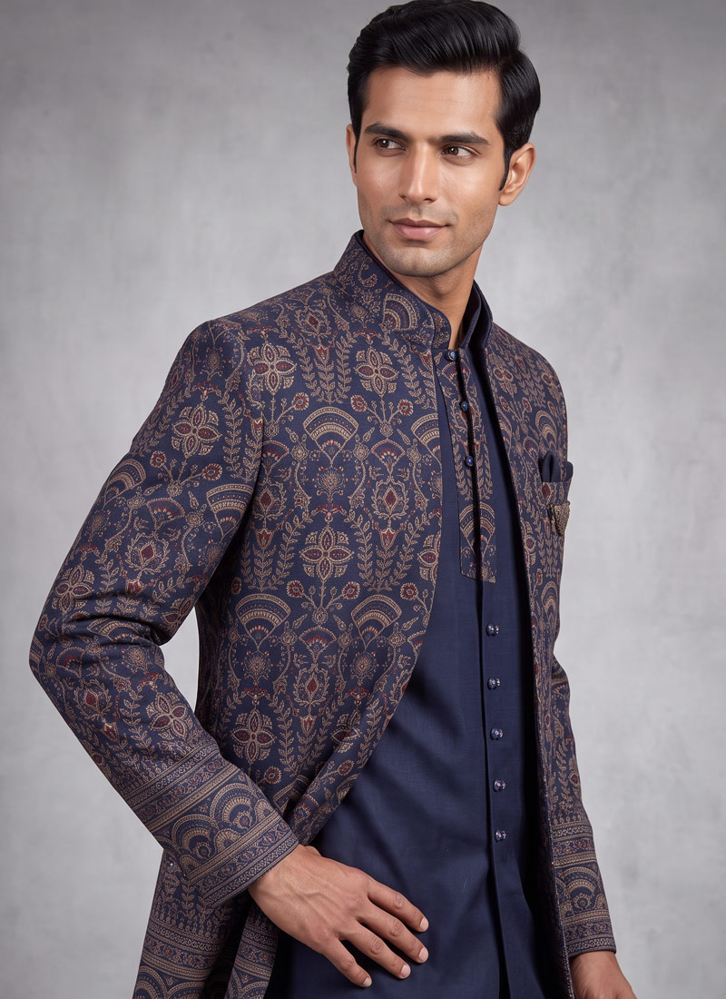 Blue Silk Embroidered Mens Wedding Indo Western