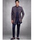 Blue Silk Embroidered Mens Wedding Indo Western