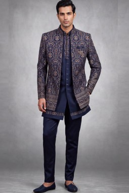 Blue Silk Embroidered Mens Wedding Indo Western
