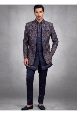 Blue Silk Embroidered Mens Wedding Indo Western