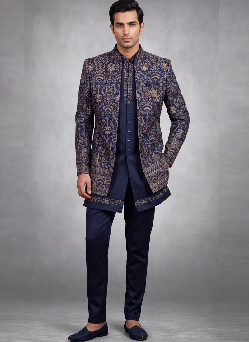Blue Silk Embroidered Mens Wedding Indo Western