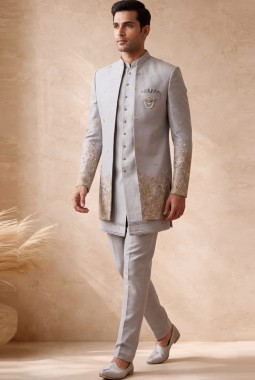 Designer Grey Silk Embroidered 3 Piece Indo Western