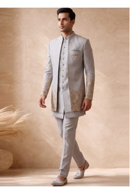 Designer Grey Silk Embroidered 3 Piece Indo Western