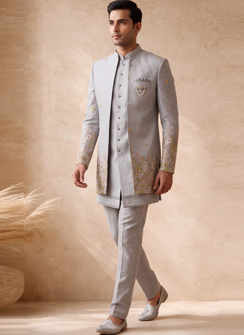 Designer Grey Silk Embroidered 3 Piece Indo Western