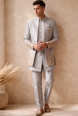 Designer Grey Silk Embroidered 3 Piece Indo Western