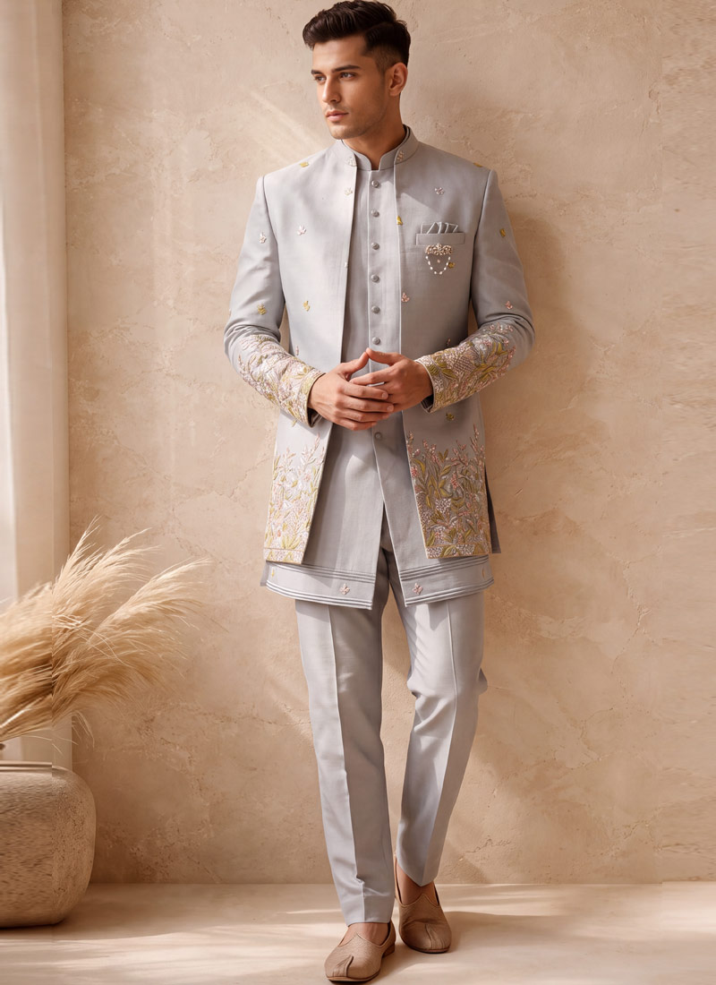 Designer Grey Silk Embroidered 3 Piece Indo Western