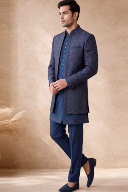 Premium Teal Silk Jacquard 3 Piece Indo Western