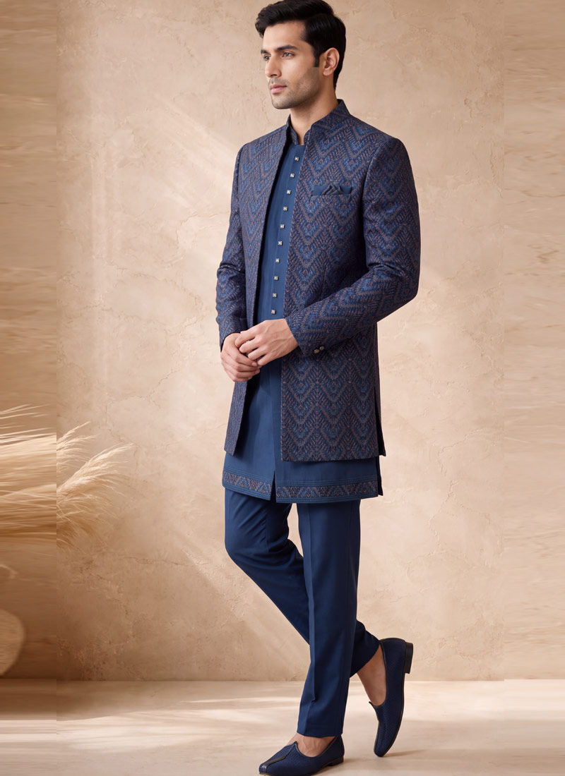 Premium Teal Silk Jacquard 3 Piece Indo Western