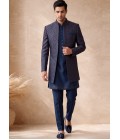 Premium Teal Silk Jacquard 3 Piece Indo Western