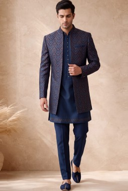 Premium Teal Silk Jacquard 3 Piece Indo Western