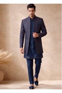 Premium Teal Silk Jacquard 3 Piece Indo Western