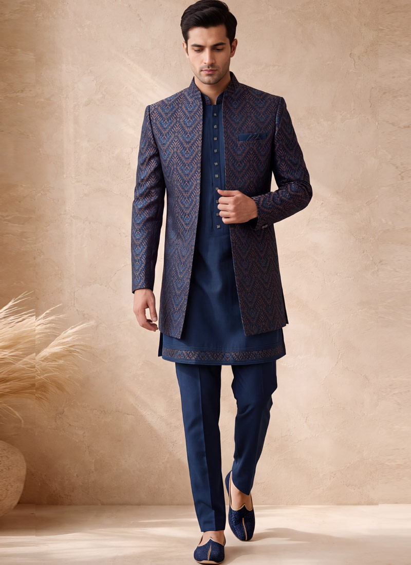 Premium Teal Silk Jacquard 3 Piece Indo Western