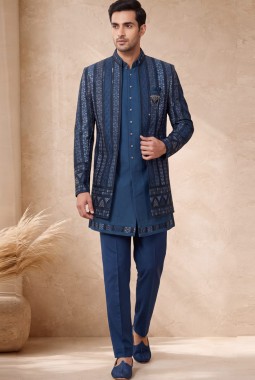 Designer Teal Silk Embroidered 3 Piece Indo Western
