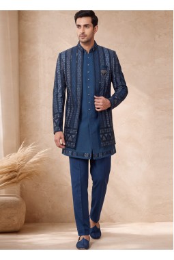 Designer Teal Silk Embroidered 3 Piece Indo Western