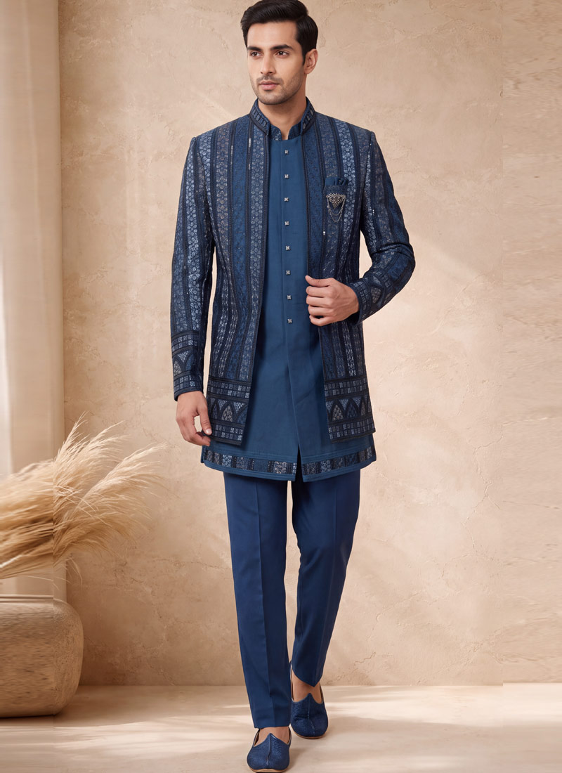 Designer Teal Silk Embroidered 3 Piece Indo Western