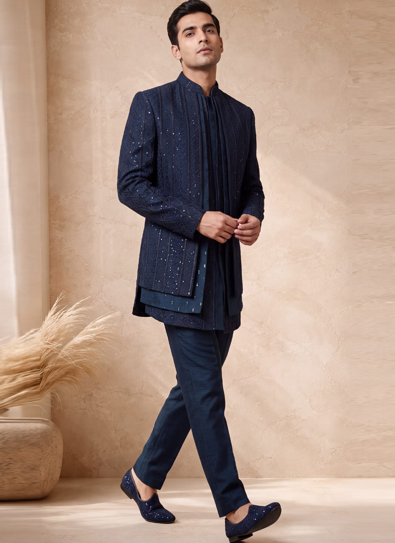Premium Teal Silk Embroidered Wedding Indo Western