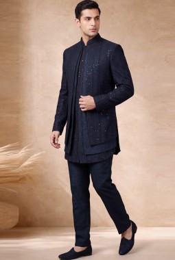 Premium Teal Silk Embroidered Wedding Indo Western