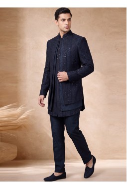 Premium Teal Silk Embroidered Wedding Indo Western