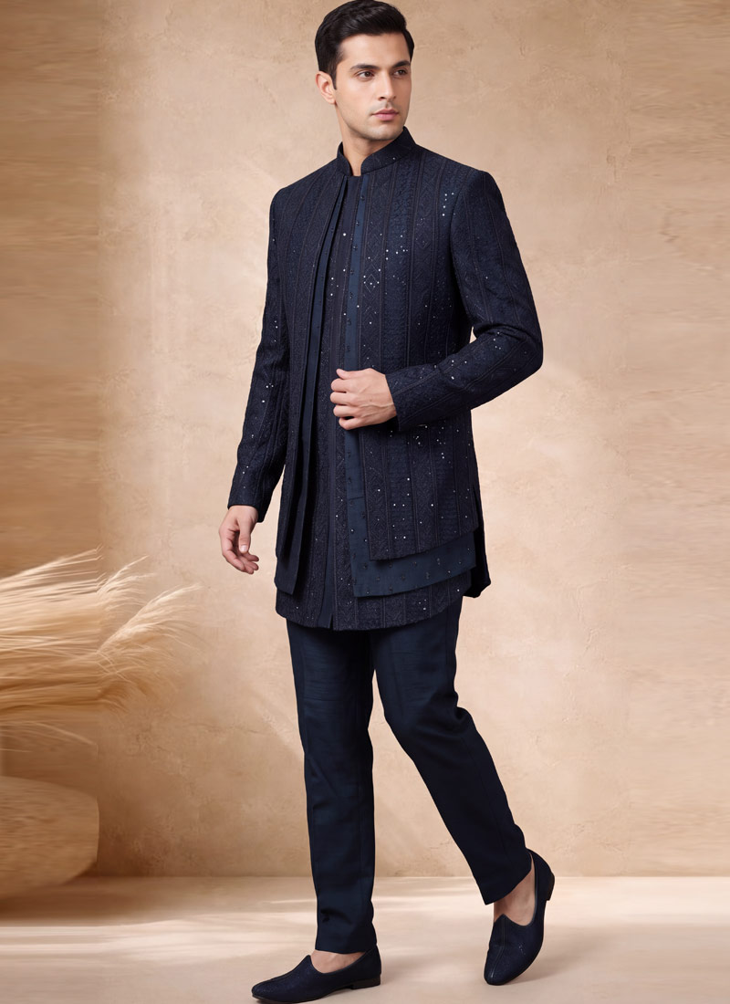 Premium Teal Silk Embroidered Wedding Indo Western