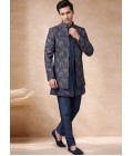Greyish Blue Silk Jacquard Wedding Indo Western