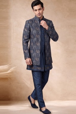 Greyish Blue Silk Jacquard Wedding Indo Western