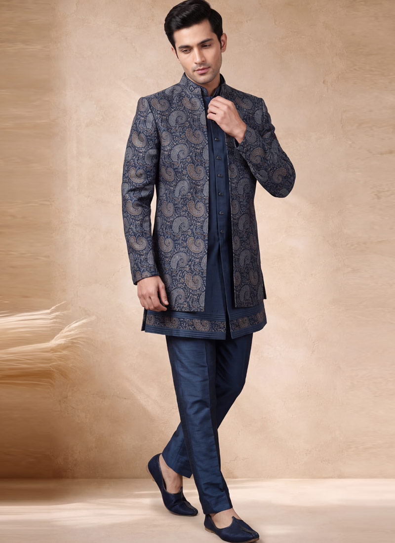 Greyish Blue Silk Jacquard Wedding Indo Western