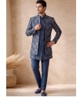 Greyish Blue Silk Jacquard Wedding Indo Western