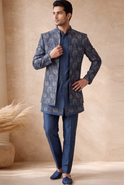 Greyish Blue Silk Jacquard Wedding Indo Western