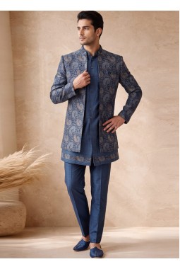 Greyish Blue Silk Jacquard Wedding Indo Western